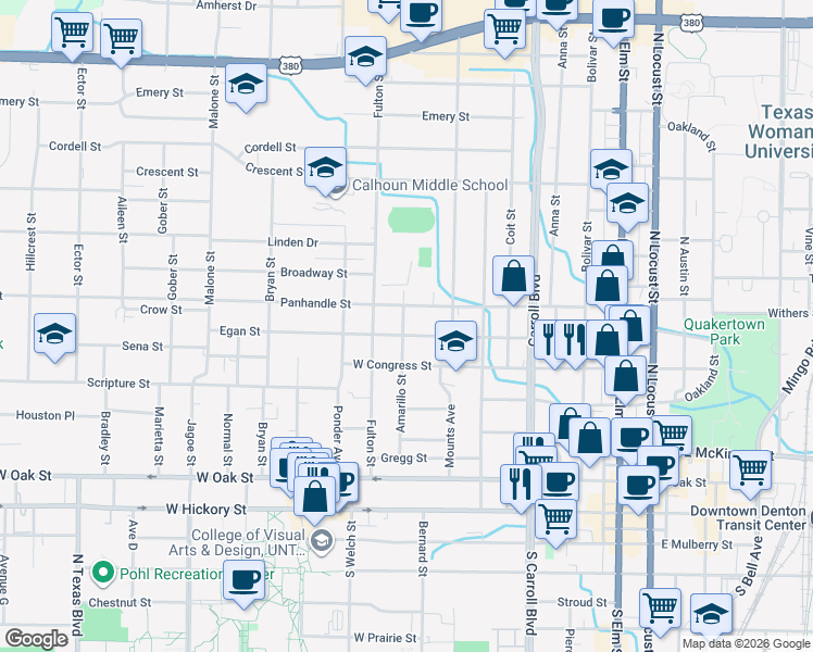map of restaurants, bars, coffee shops, grocery stores, and more near 910 Egan Street in Denton