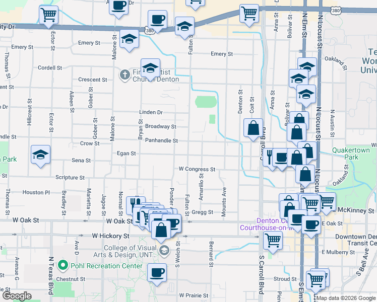 map of restaurants, bars, coffee shops, grocery stores, and more near 1016 Egan Street in Denton