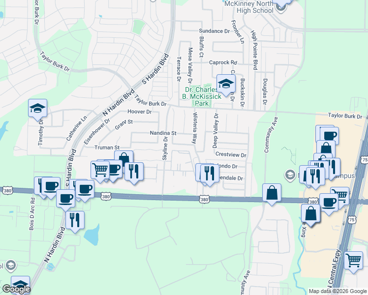 map of restaurants, bars, coffee shops, grocery stores, and more near 2000 Skyline Drive in McKinney