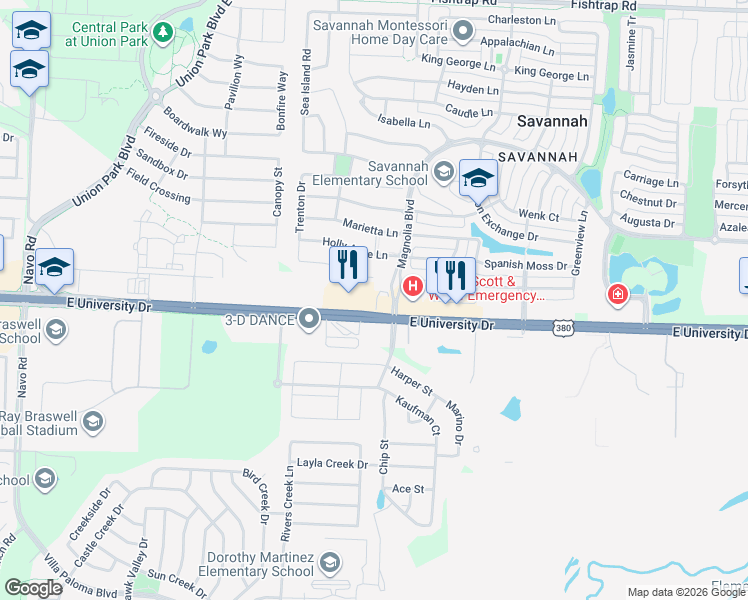 map of restaurants, bars, coffee shops, grocery stores, and more near 26785 East University Drive in Aubrey