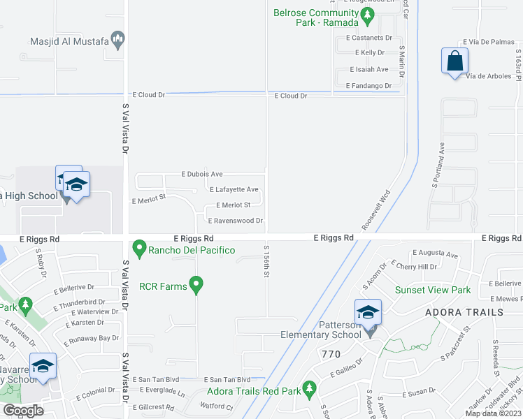 map of restaurants, bars, coffee shops, grocery stores, and more near 1975 East Merlot Street in Gilbert