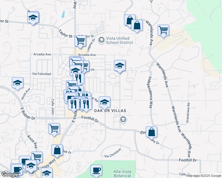 map of restaurants, bars, coffee shops, grocery stores, and more near 1475 Oak Drive in Vista