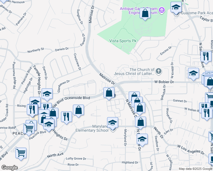 map of restaurants, bars, coffee shops, grocery stores, and more near 1646 Fig Tree Way in Oceanside