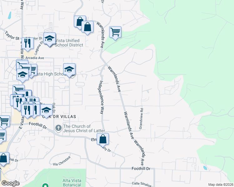 map of restaurants, bars, coffee shops, grocery stores, and more near 1450 Warmlands Avenue in Vista