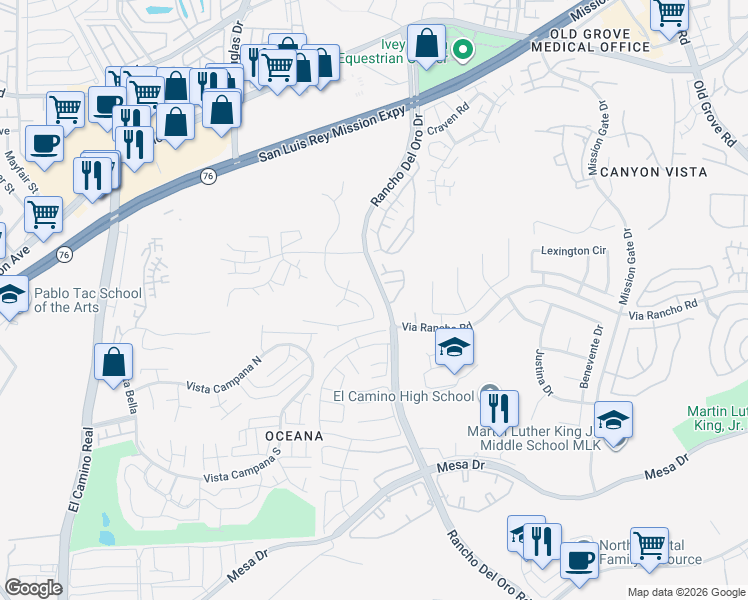 map of restaurants, bars, coffee shops, grocery stores, and more near 372 San Dimas Avenue in Oceanside