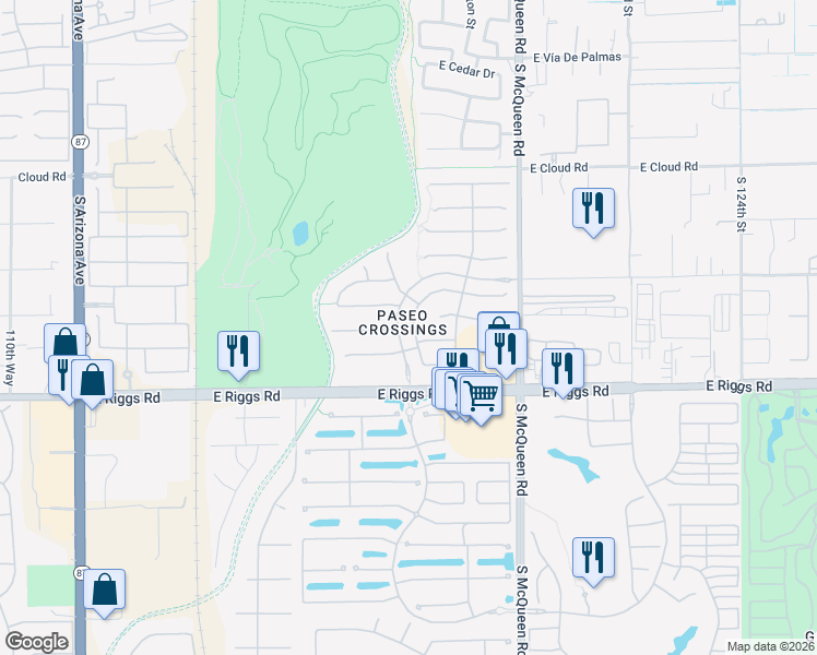 map of restaurants, bars, coffee shops, grocery stores, and more near 5856 South Robins Way in Chandler