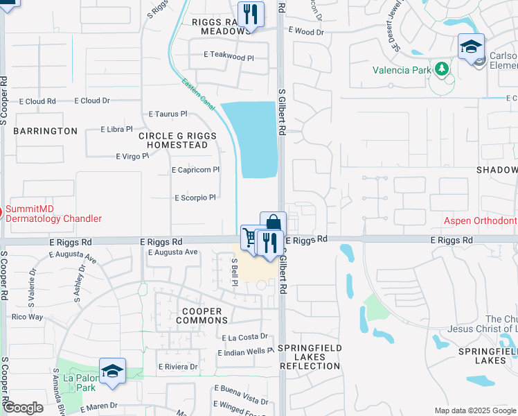 map of restaurants, bars, coffee shops, grocery stores, and more near 25114 South Gilbert Road in Chandler