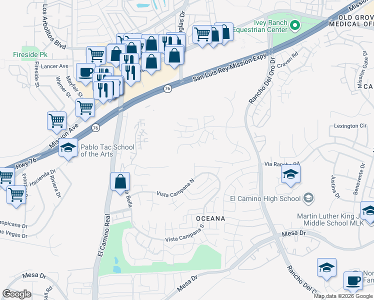 map of restaurants, bars, coffee shops, grocery stores, and more near 3853 San Ramon Drive in Oceanside