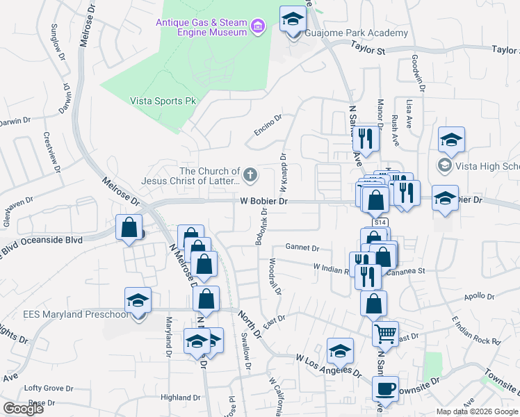 map of restaurants, bars, coffee shops, grocery stores, and more near 1347 Bobolink Drive in Vista
