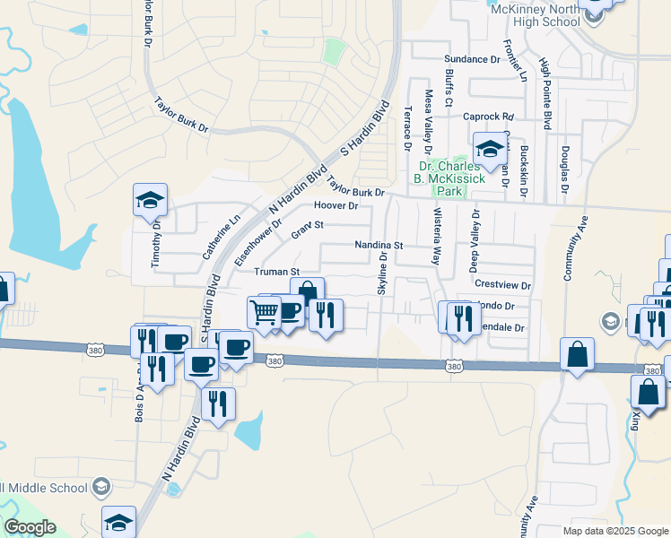 map of restaurants, bars, coffee shops, grocery stores, and more near 3213 Kennedy Drive in McKinney