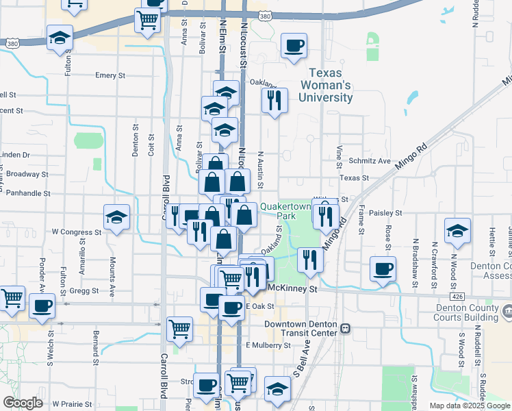 map of restaurants, bars, coffee shops, grocery stores, and more near 700 North Austin Street in Denton