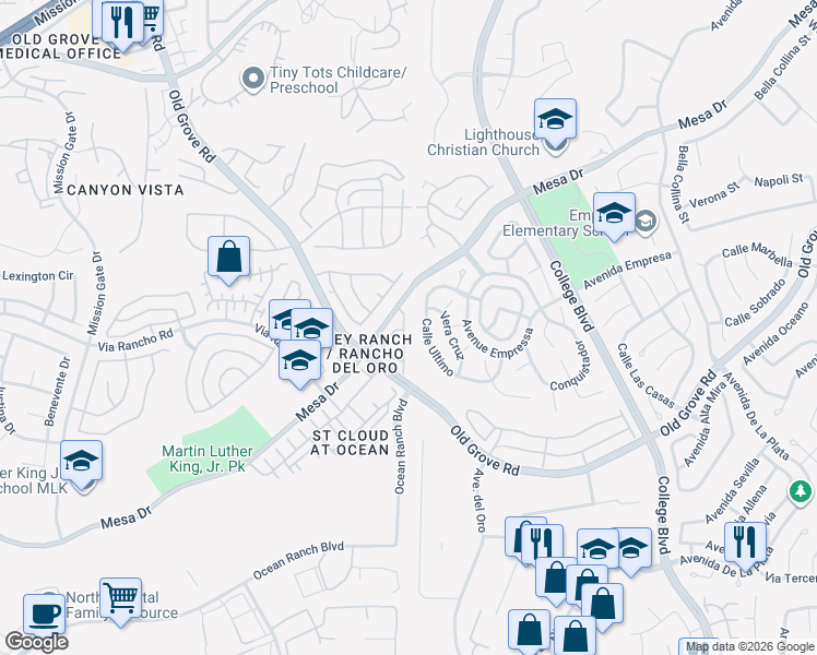 map of restaurants, bars, coffee shops, grocery stores, and more near 424 Dakota Way in Oceanside