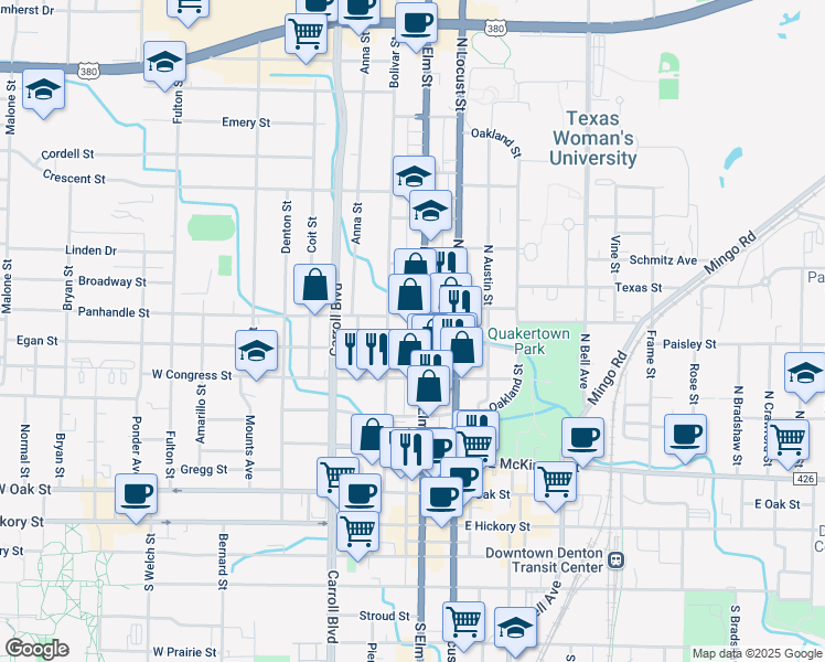 map of restaurants, bars, coffee shops, grocery stores, and more near 715 North Elm Street in Denton