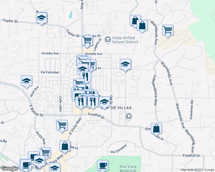 map of restaurants, bars, coffee shops, grocery stores, and more near 1506 Oak Drive in Vista