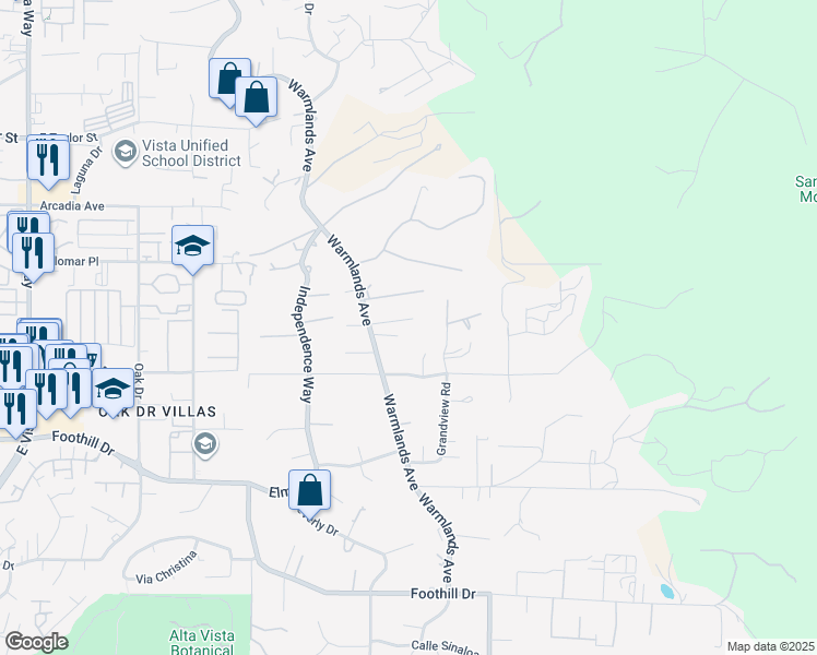 map of restaurants, bars, coffee shops, grocery stores, and more near 1443 Warmlands Avenue in Vista