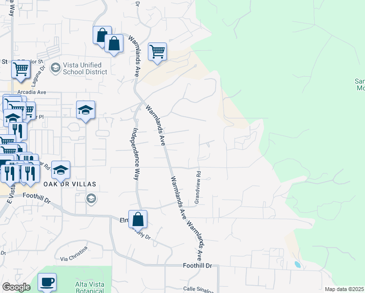 map of restaurants, bars, coffee shops, grocery stores, and more near 1443 Warmlands Avenue in Vista