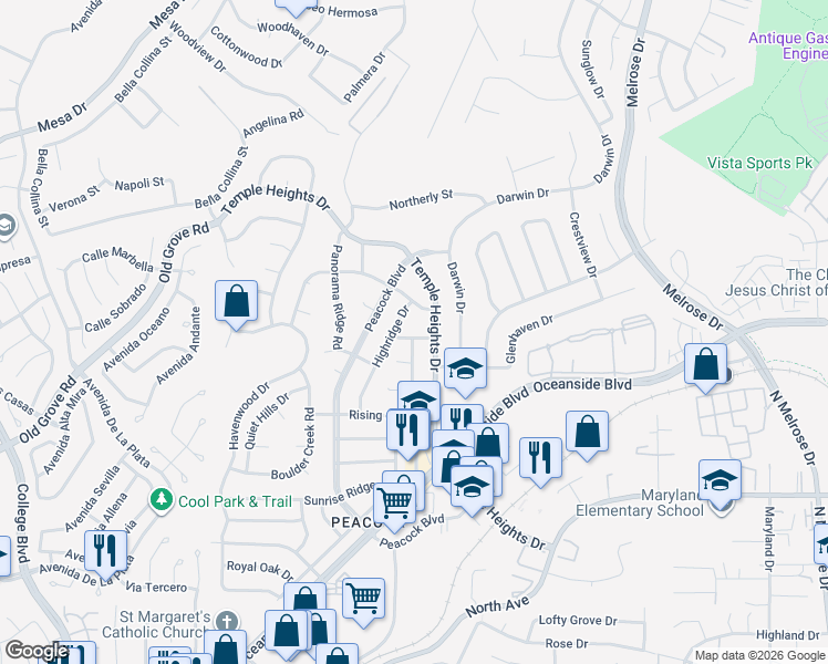 map of restaurants, bars, coffee shops, grocery stores, and more near 1412 Rolling Hills Drive in Oceanside
