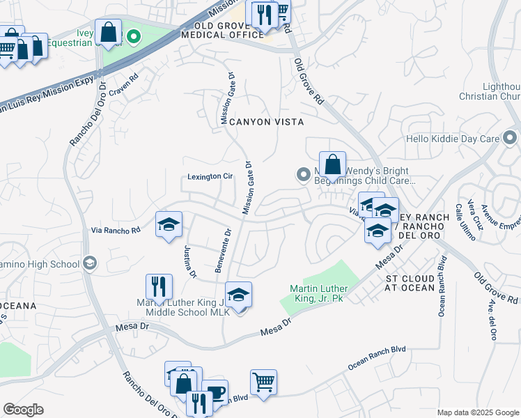 map of restaurants, bars, coffee shops, grocery stores, and more near 4003 Ivey Vista Way in Oceanside