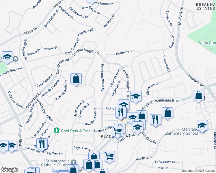 map of restaurants, bars, coffee shops, grocery stores, and more near 1441 Peacock Boulevard in Oceanside