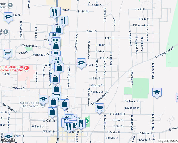 map of restaurants, bars, coffee shops, grocery stores, and more near 900 North Madison Avenue in El Dorado