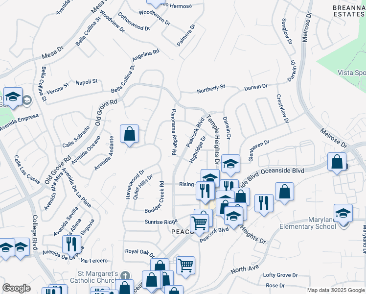 map of restaurants, bars, coffee shops, grocery stores, and more near 1441 Peacock Boulevard in Oceanside