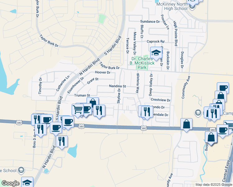 map of restaurants, bars, coffee shops, grocery stores, and more near 2100 Hayes Street in McKinney