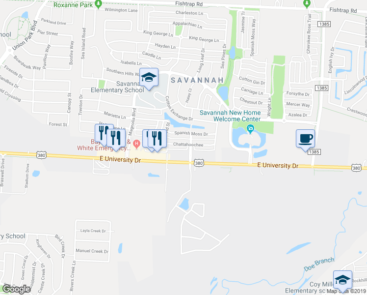 map of restaurants, bars, coffee shops, grocery stores, and more near 1150 Chattahoochee Drive in Savannah