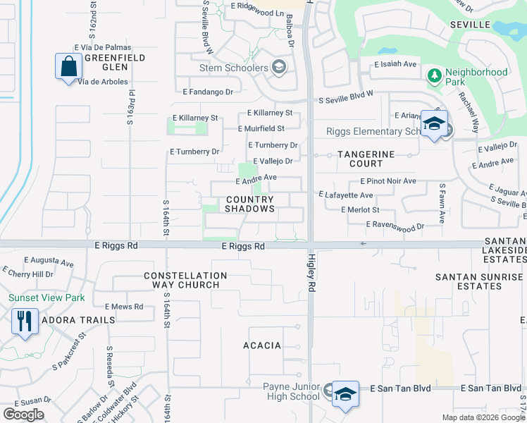 map of restaurants, bars, coffee shops, grocery stores, and more near 3067 East Merlot Street in Gilbert