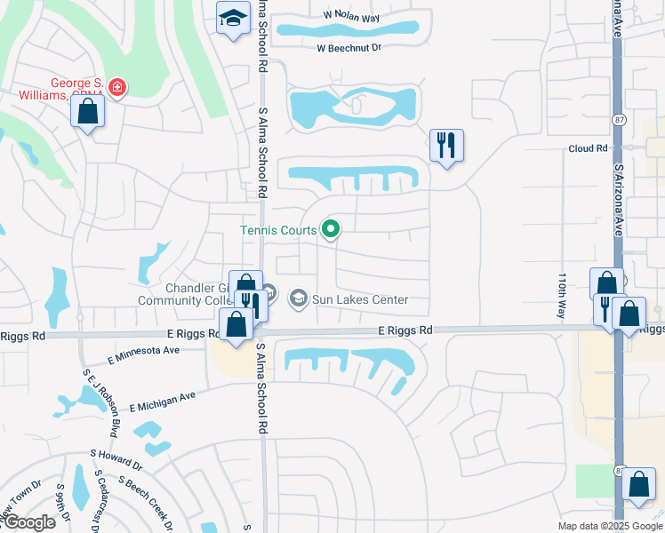 map of restaurants, bars, coffee shops, grocery stores, and more near 24824 South Foxglenn Drive in Sun Lakes
