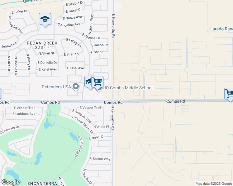 map of restaurants, bars, coffee shops, grocery stores, and more near 1701 East Combs Road in San Tan Valley