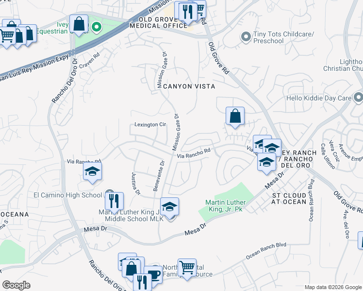 map of restaurants, bars, coffee shops, grocery stores, and more near 4003 Ivey Vista Way in Oceanside