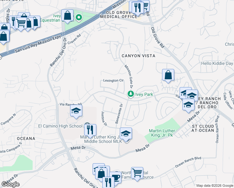 map of restaurants, bars, coffee shops, grocery stores, and more near 418 Benevente Drive in Oceanside