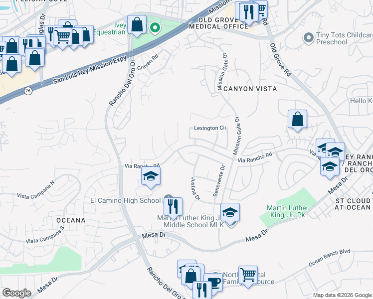 map of restaurants, bars, coffee shops, grocery stores, and more near 473 Benevente Drive in Oceanside