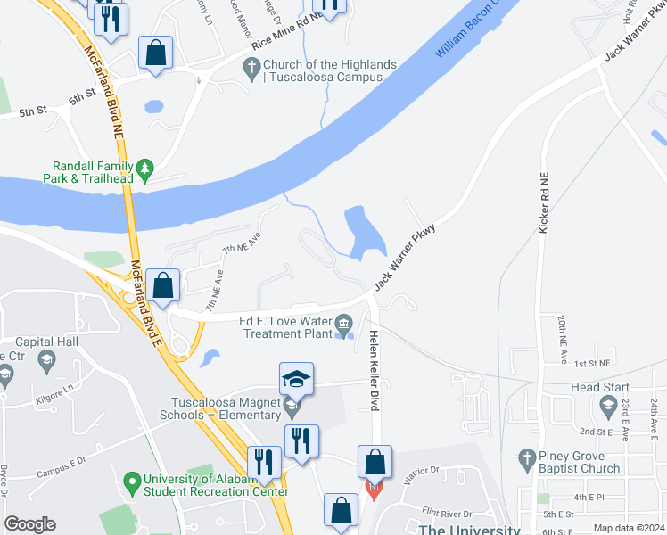 map of restaurants, bars, coffee shops, grocery stores, and more near 1130 Jack Warner Parkway in Tuscaloosa