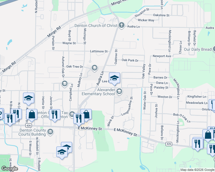 map of restaurants, bars, coffee shops, grocery stores, and more near 2000 Paisley Street in Denton