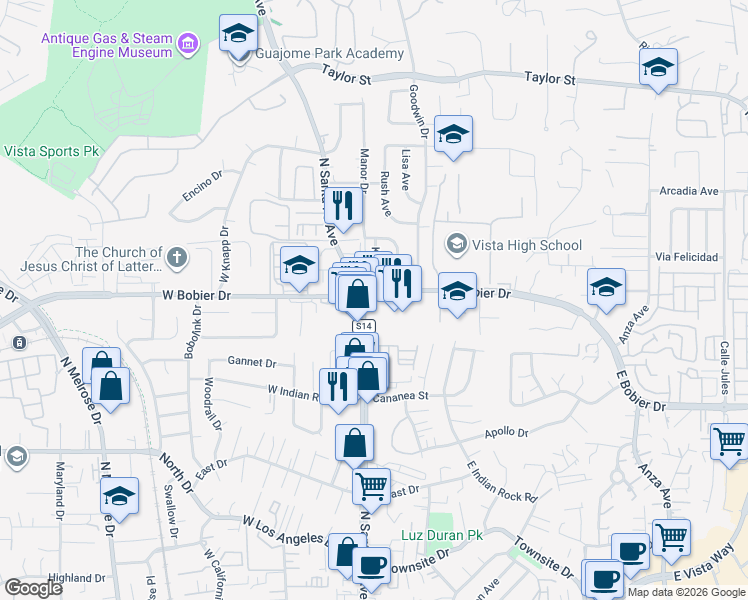 map of restaurants, bars, coffee shops, grocery stores, and more near 245 West Bobier Drive in Vista
