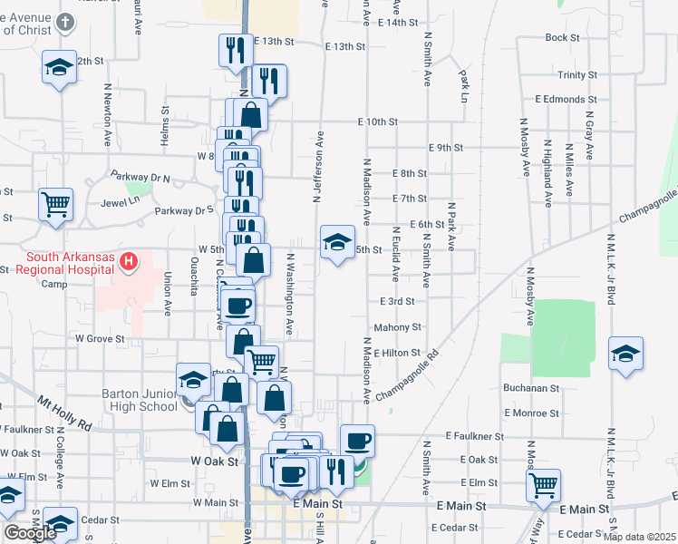 map of restaurants, bars, coffee shops, grocery stores, and more near 201 East 5th Street in El Dorado