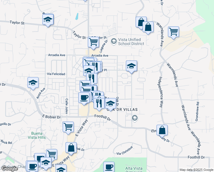 map of restaurants, bars, coffee shops, grocery stores, and more near 1506 Oak Drive in Vista