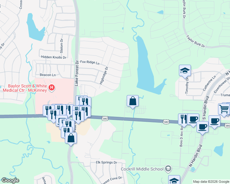 map of restaurants, bars, coffee shops, grocery stores, and more near Pierce Road in McKinney