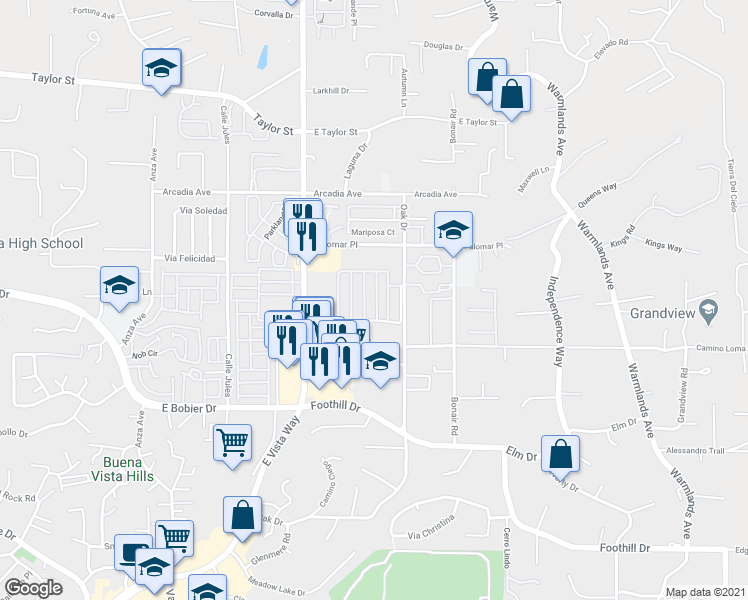 map of restaurants, bars, coffee shops, grocery stores, and more near 1506 Oak Drive in Vista