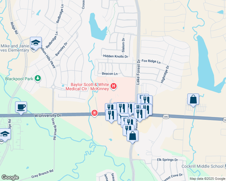 map of restaurants, bars, coffee shops, grocery stores, and more near 5252 West University Drive in McKinney