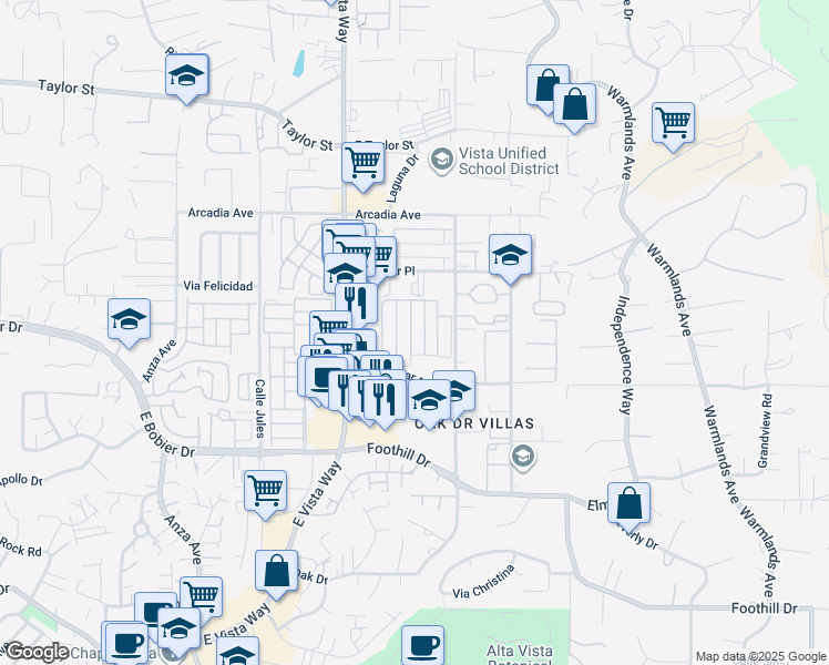 map of restaurants, bars, coffee shops, grocery stores, and more near 1506 Oak Drive in Vista