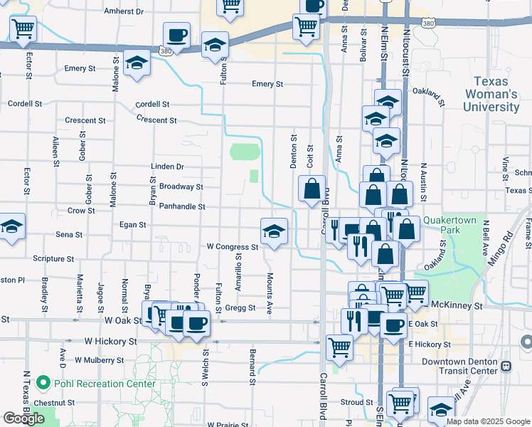 map of restaurants, bars, coffee shops, grocery stores, and more near 716 Egan Street in Denton
