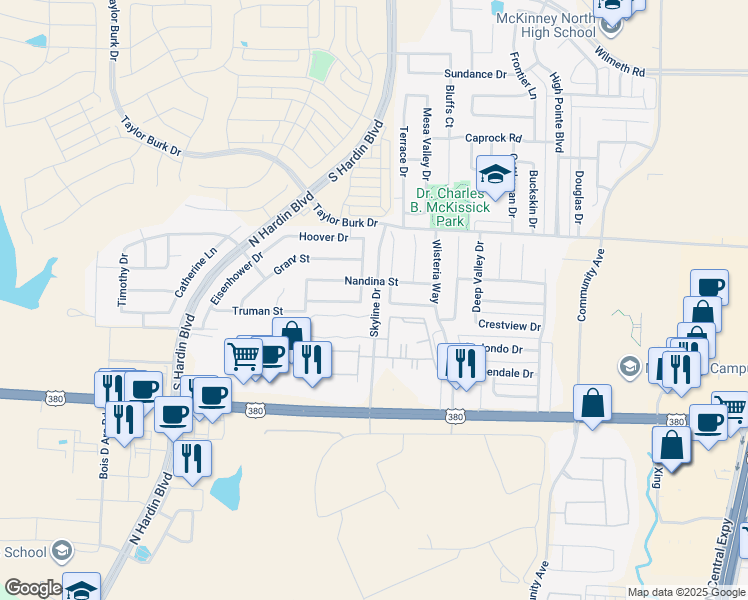 map of restaurants, bars, coffee shops, grocery stores, and more near 2105 Skyline Drive in McKinney
