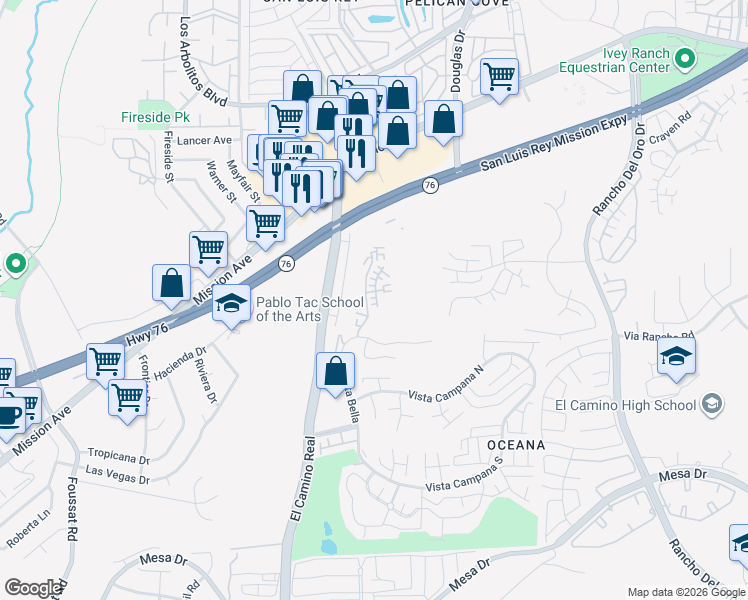 map of restaurants, bars, coffee shops, grocery stores, and more near 379 Honeysuckle Way in Oceanside