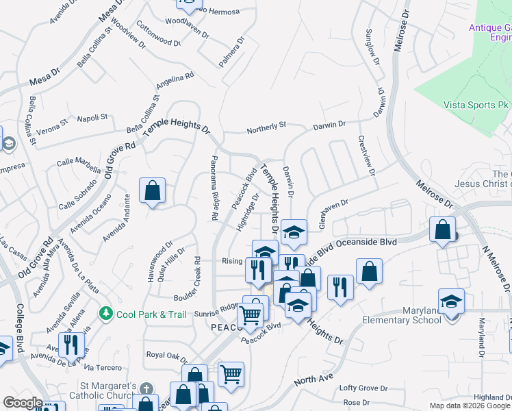 map of restaurants, bars, coffee shops, grocery stores, and more near 1412 Rolling Hills Drive in Oceanside