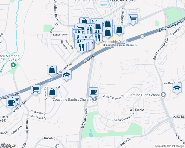 map of restaurants, bars, coffee shops, grocery stores, and more near 336 South El Camino Real in Oceanside