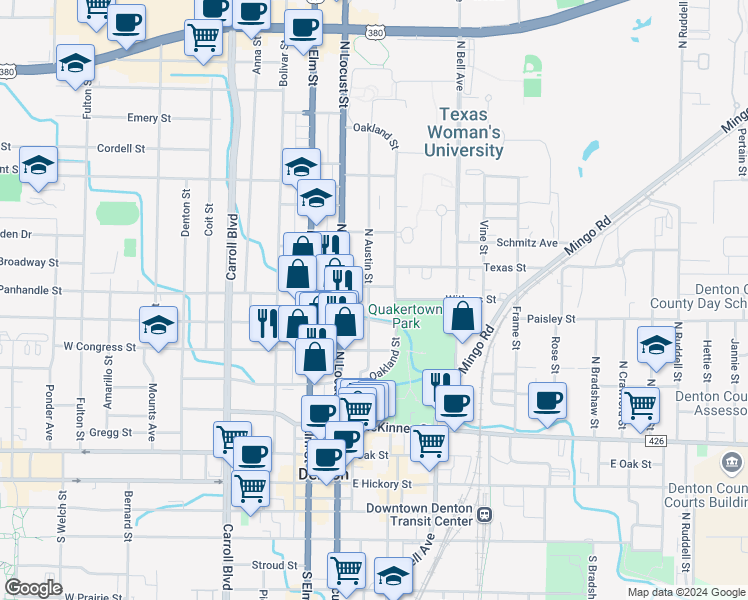 map of restaurants, bars, coffee shops, grocery stores, and more near 700 North Austin Street in Denton