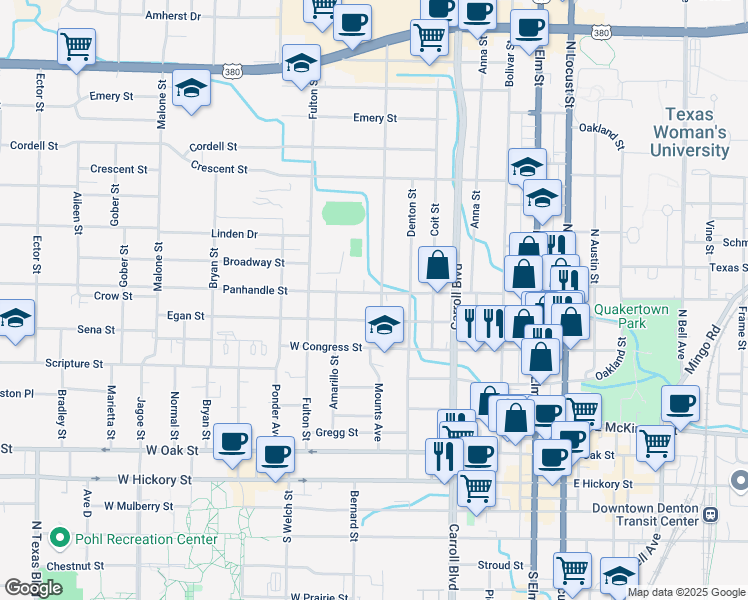 map of restaurants, bars, coffee shops, grocery stores, and more near 716 Egan Street in Denton