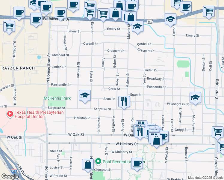 map of restaurants, bars, coffee shops, grocery stores, and more near 1808 Sena Street in Denton